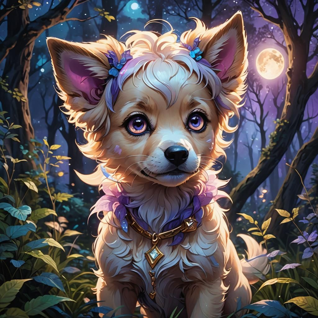 Anime Puppy Portrait in Magical Forest