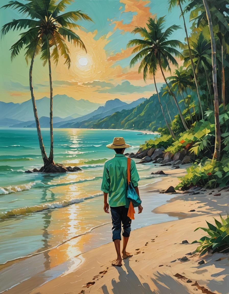 Thailand Beach Scene in Impressionist Oil Painting