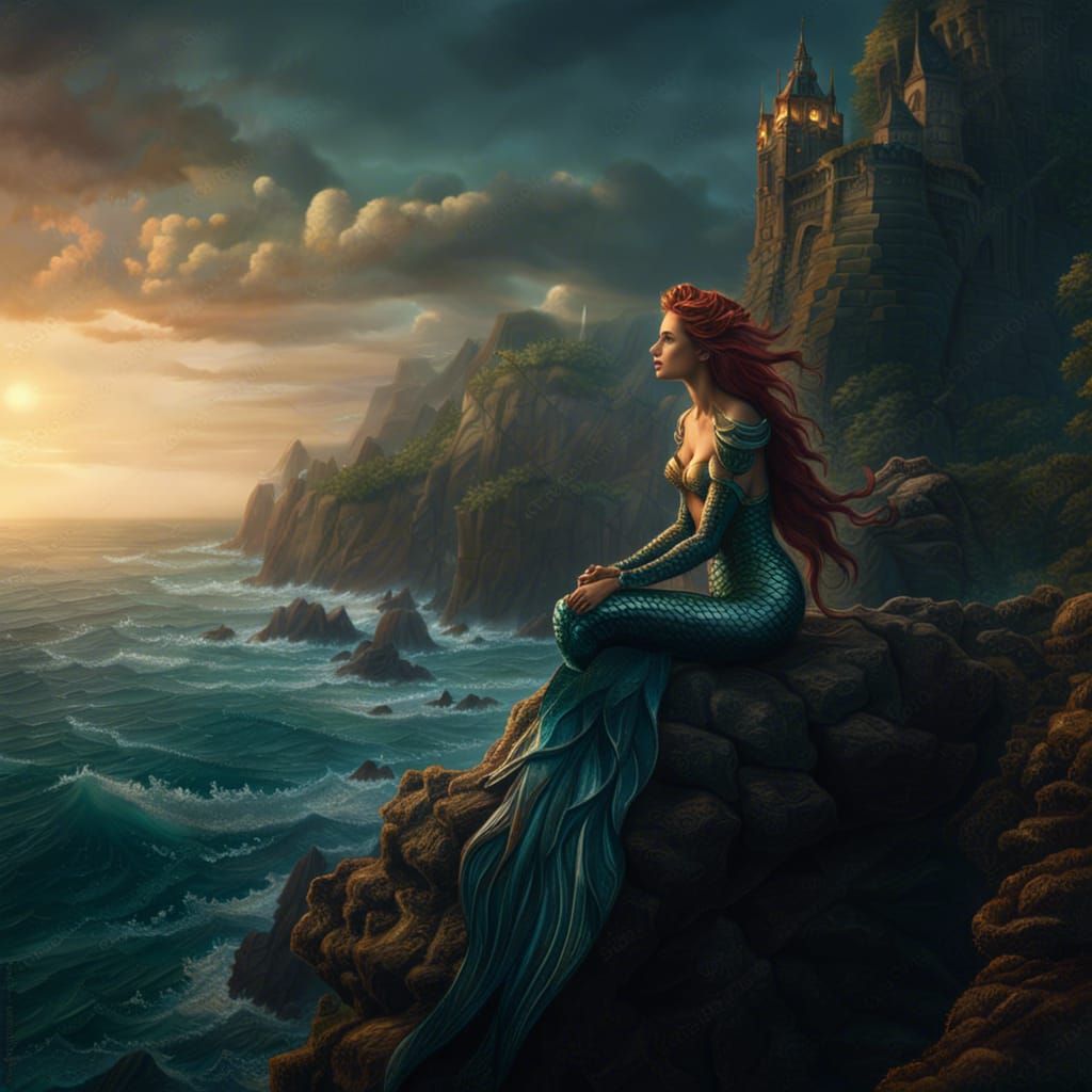 Beautiful Mermaid on Cliff, Digital Matte Painting