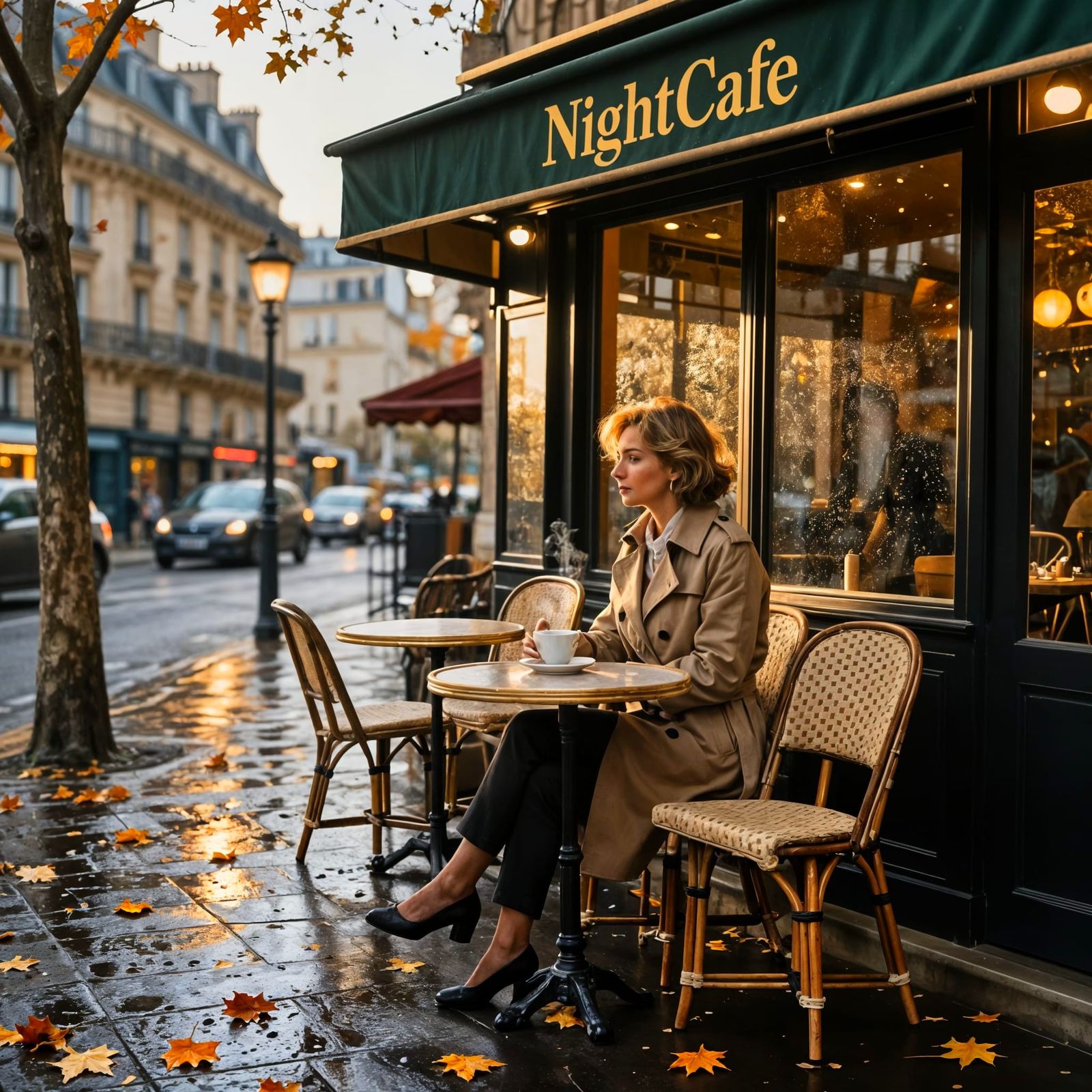 Elegant Woman in Parisian Bistro at Golden Hour