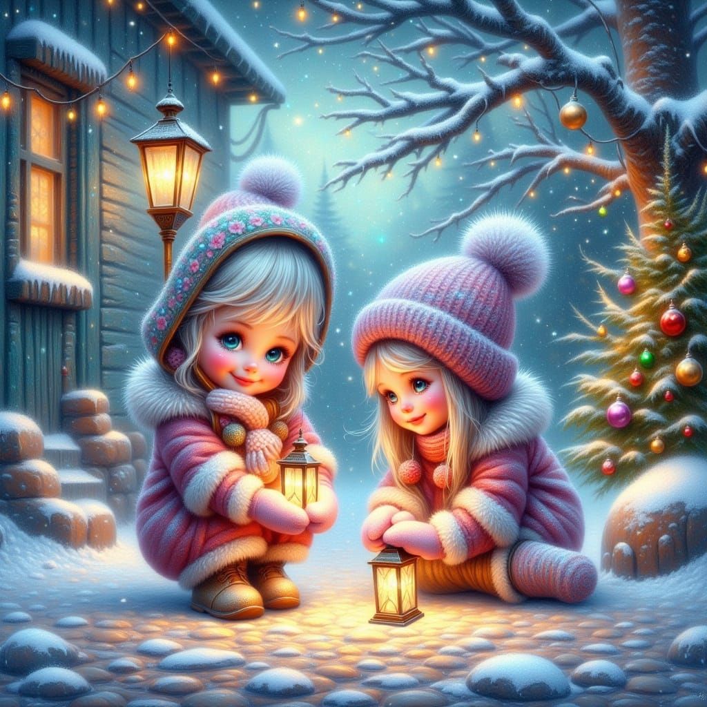 Children Placing Glowing Lanterns on Snowy Path