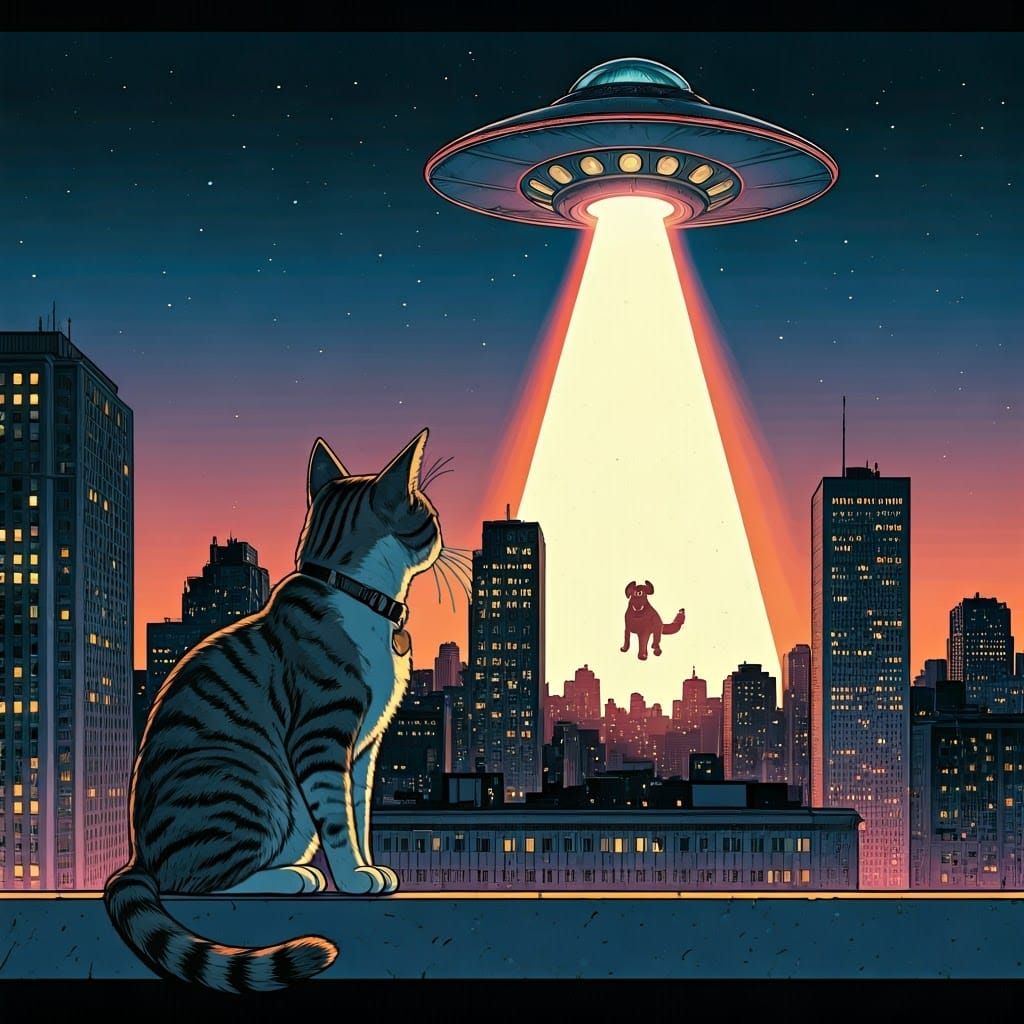 Cat Witnessing Dog Abduction in Comic Book Style