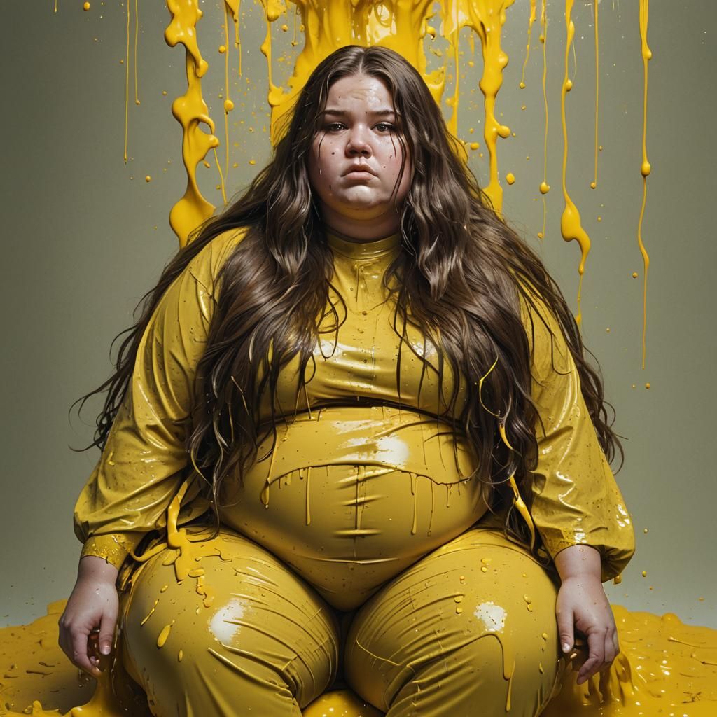Brunette in Yellow Gunge: Hyperrealistic Splash Art