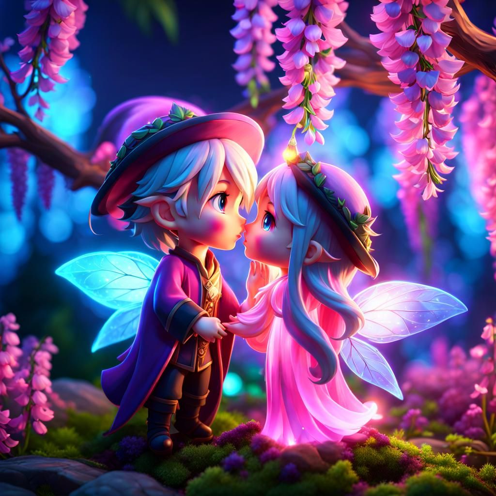 Chibi Fairy Mages Kissing Under Bioluminescent Wisteria