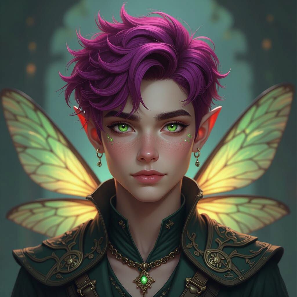 Masculine Pixie with Magenta Hair and Dragonfly Wings