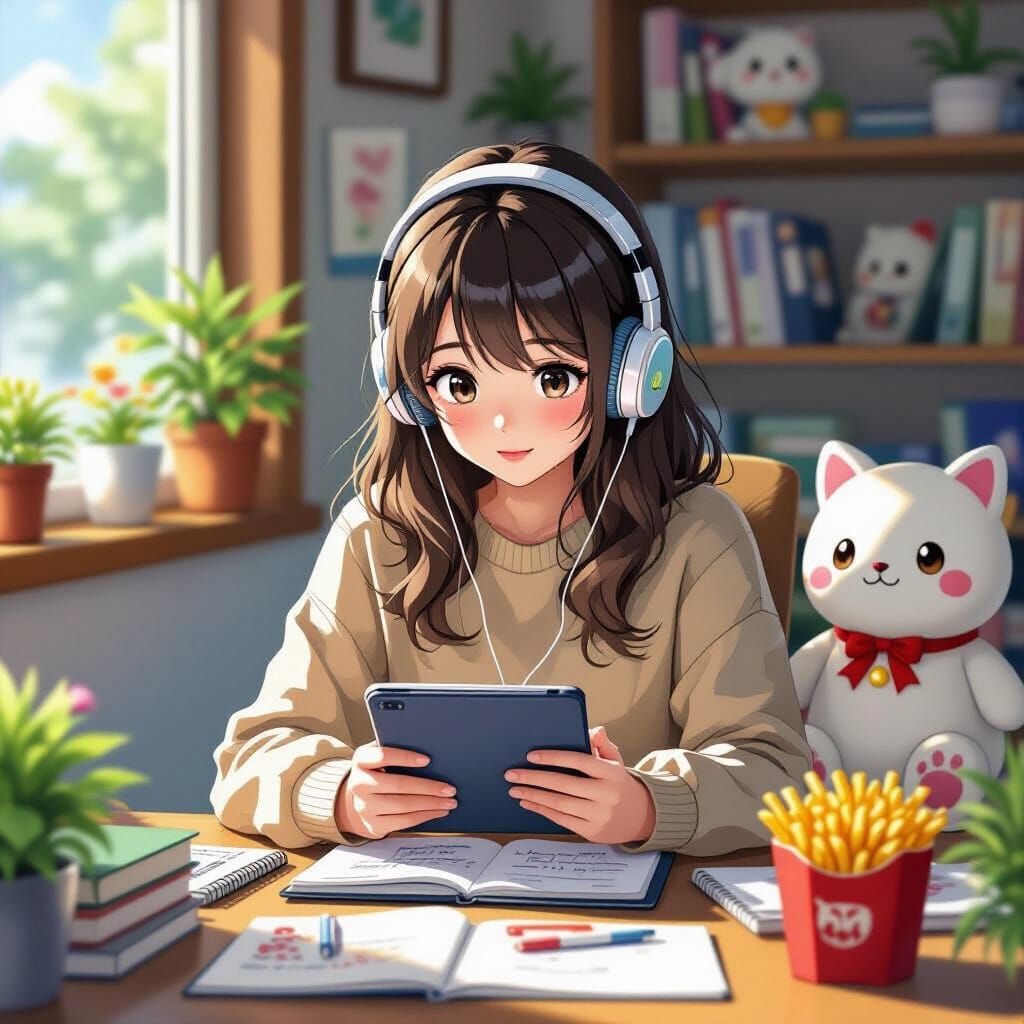 Teenage Girl Typing Fanfiction on iPad in Anime Style