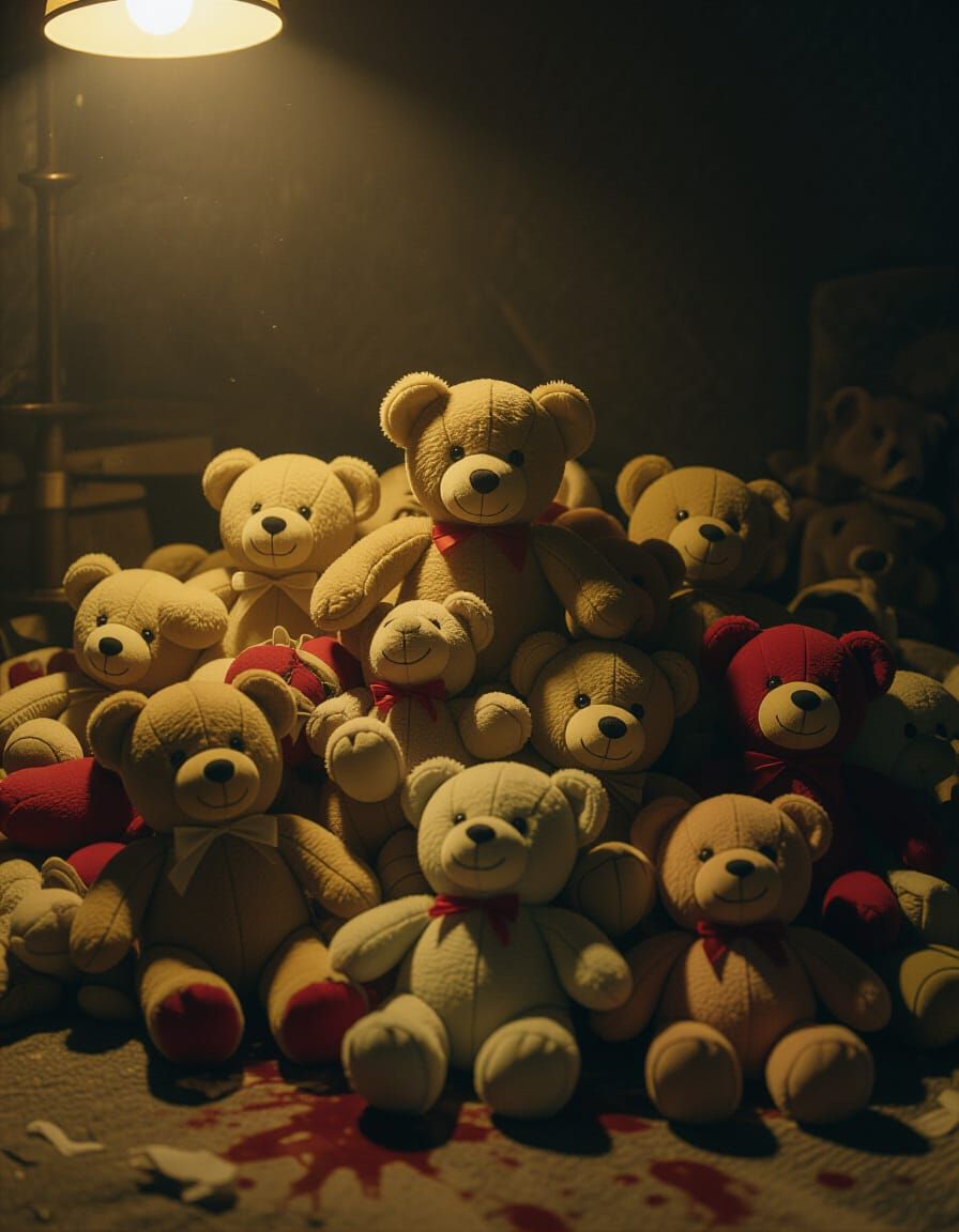 Worn Stuffed Animals Under Dramatic Flickering Light