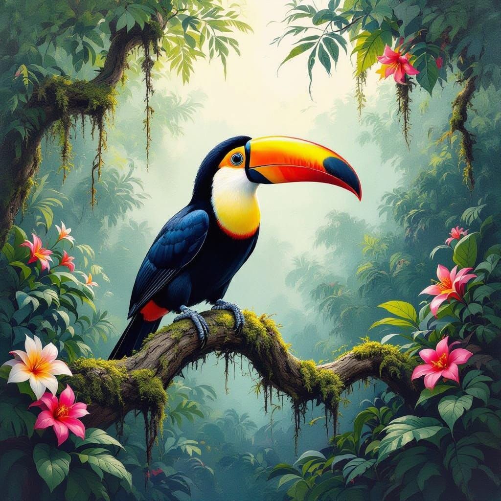 Exotic Jungle Scene in Vibrant Watercolor Style