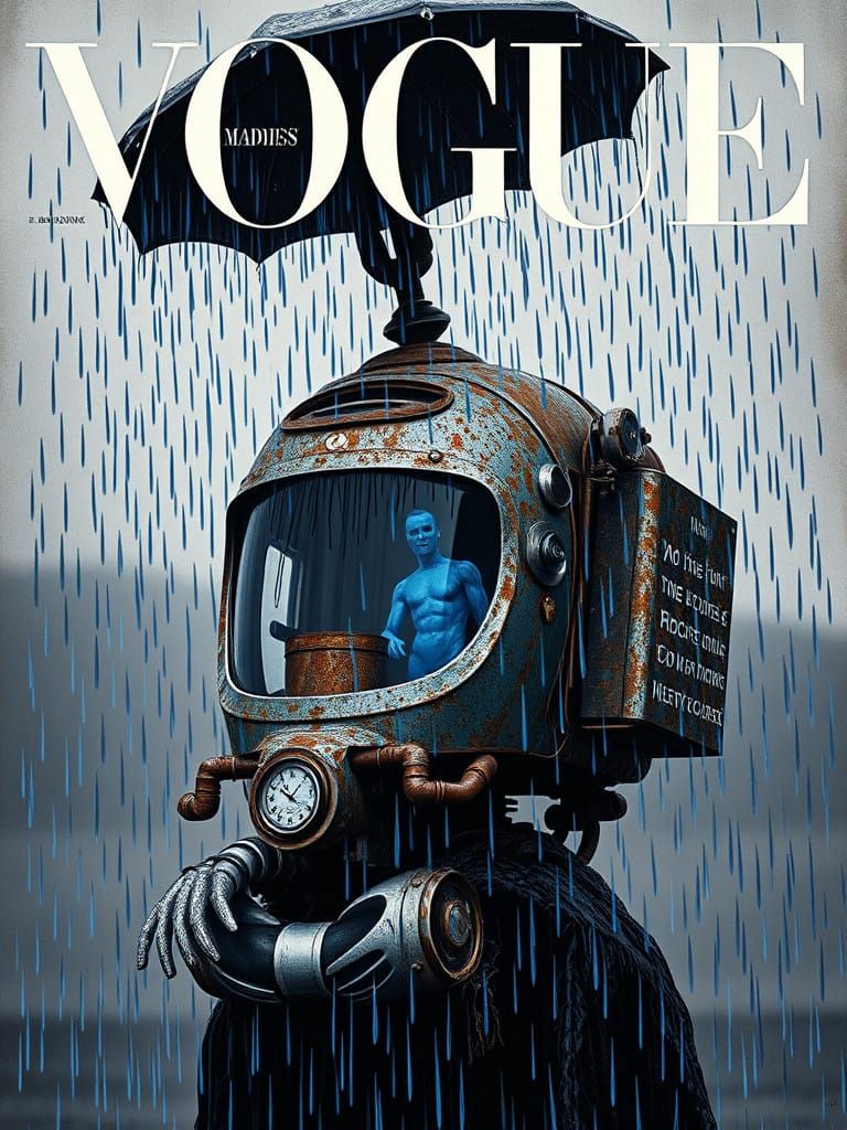 Surreal Blue Rain Vogue Cover in Futuristic Fine Art Style
