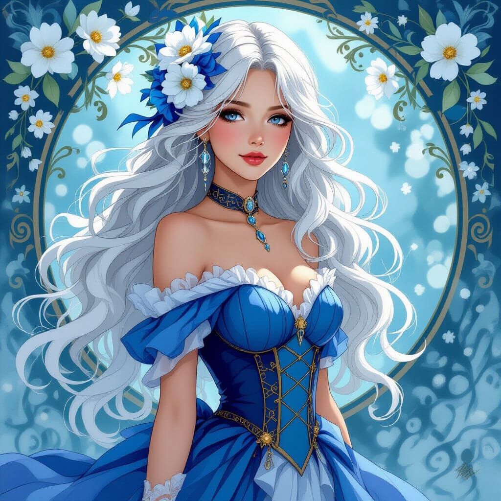 Steampunk Lady with Flowers in Art Nouveau Style