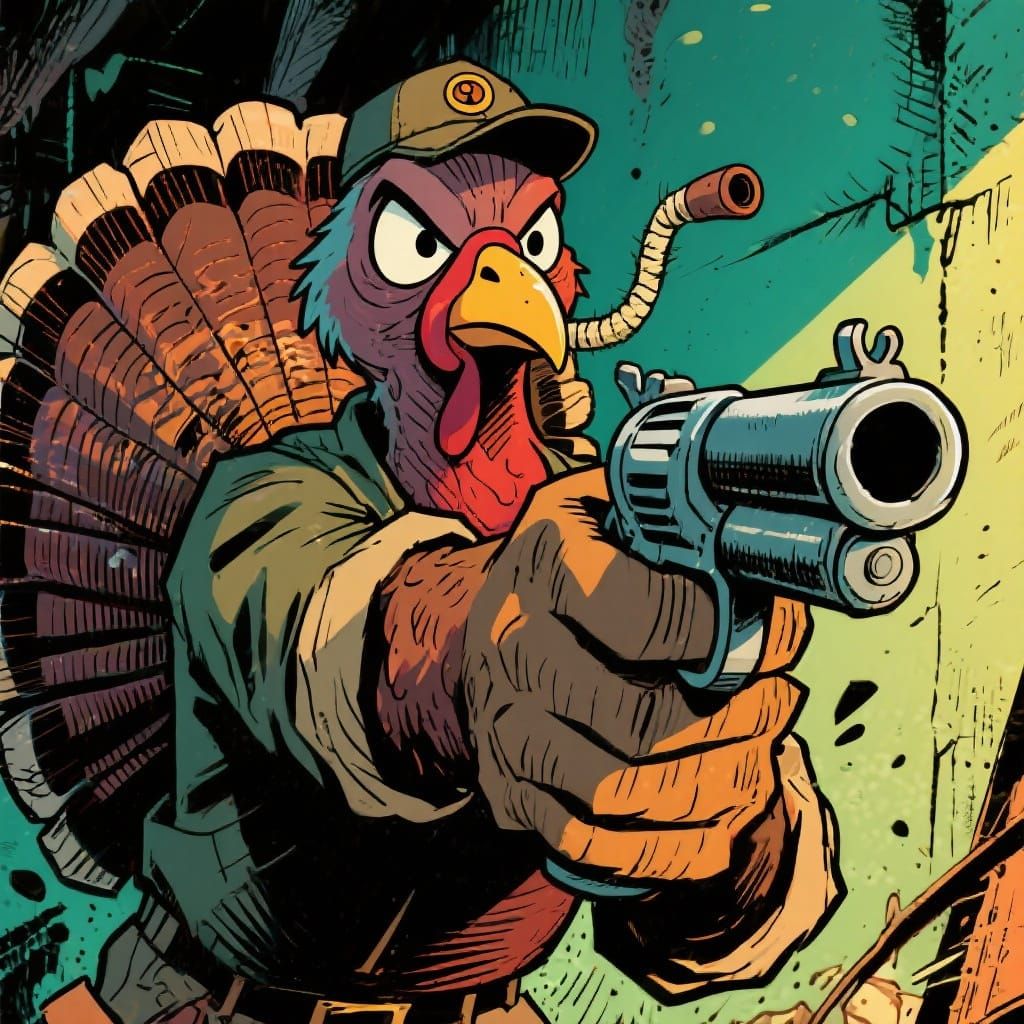 Cartoon Turkey Aims Shotgun at Viewer in Graphic Novel Style