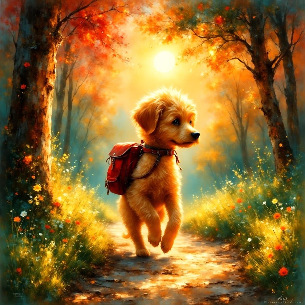 Golden Doodle Puppy's Sunset Hike in Anime Style