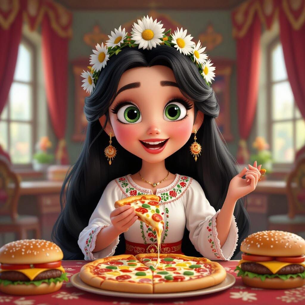 3D Cartoon Tsarina with Dandelions and Pizza