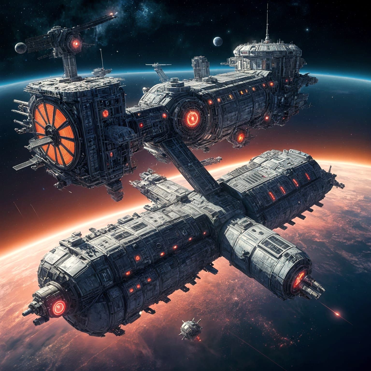 Illuminated Space Station City with Red and Blue Stars