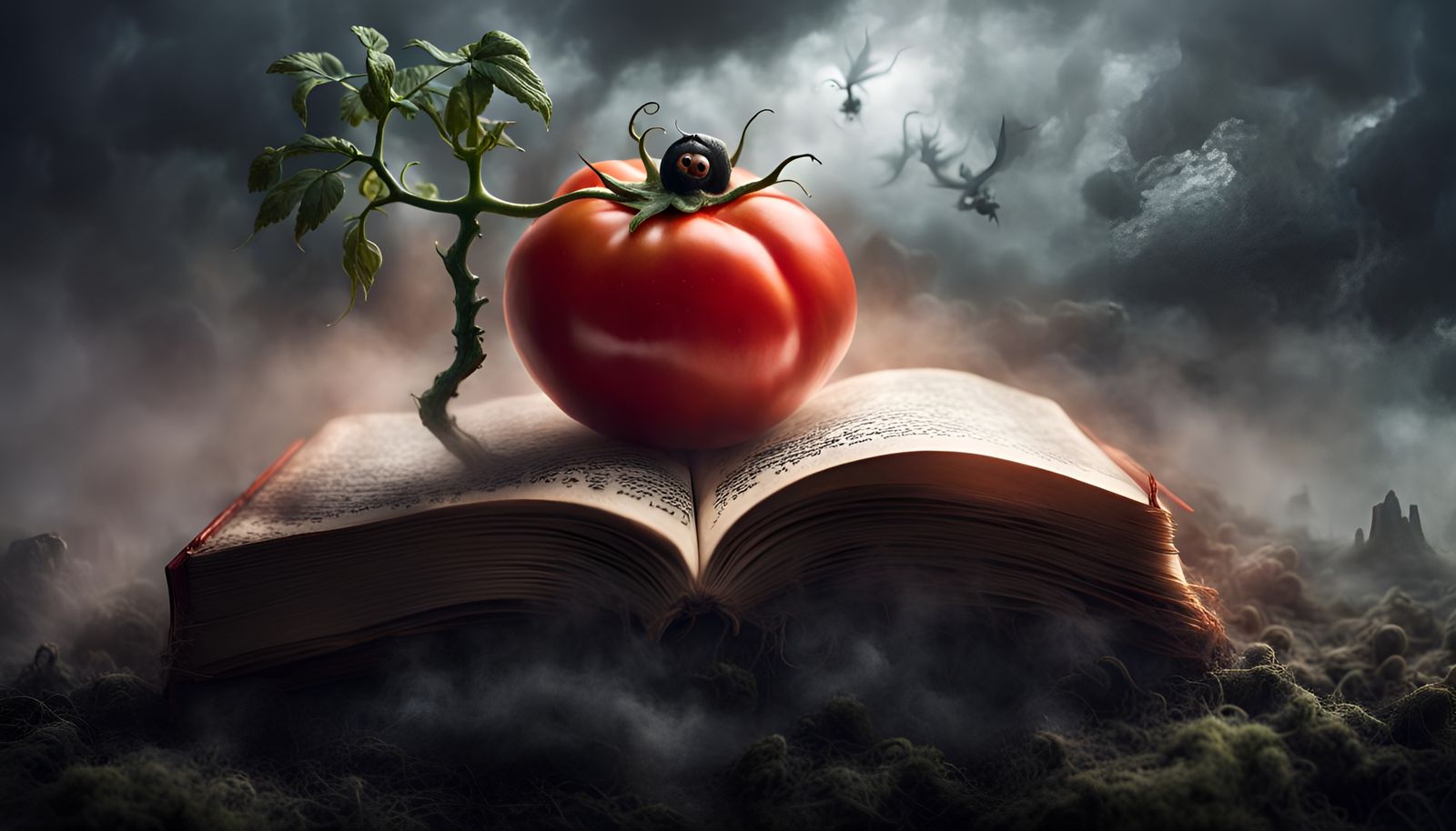 Miniature spooky cute tomato coming out of an open book, tomato in the sky, spooky, fog, detailed spooky background, hyp...