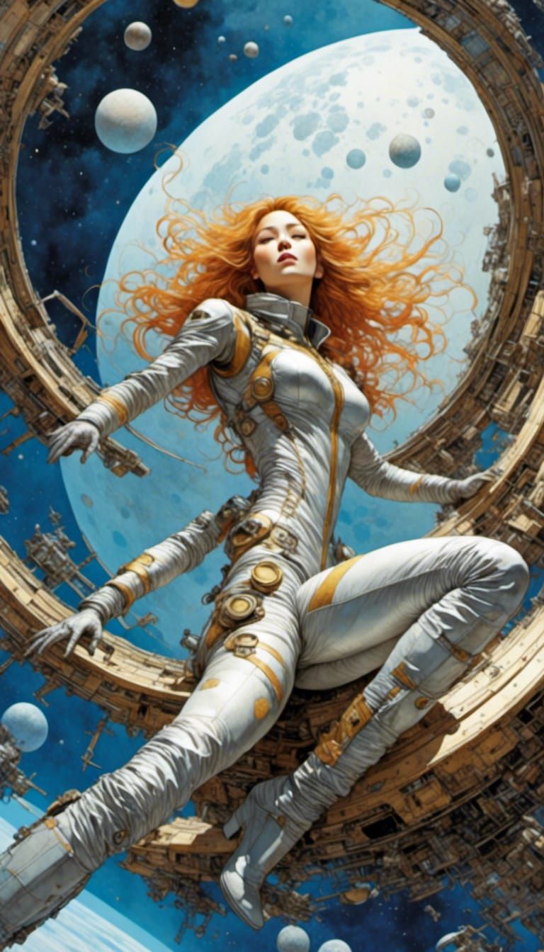 Korean Girl Floats Over Saturn in Sci-Fi Watercolor