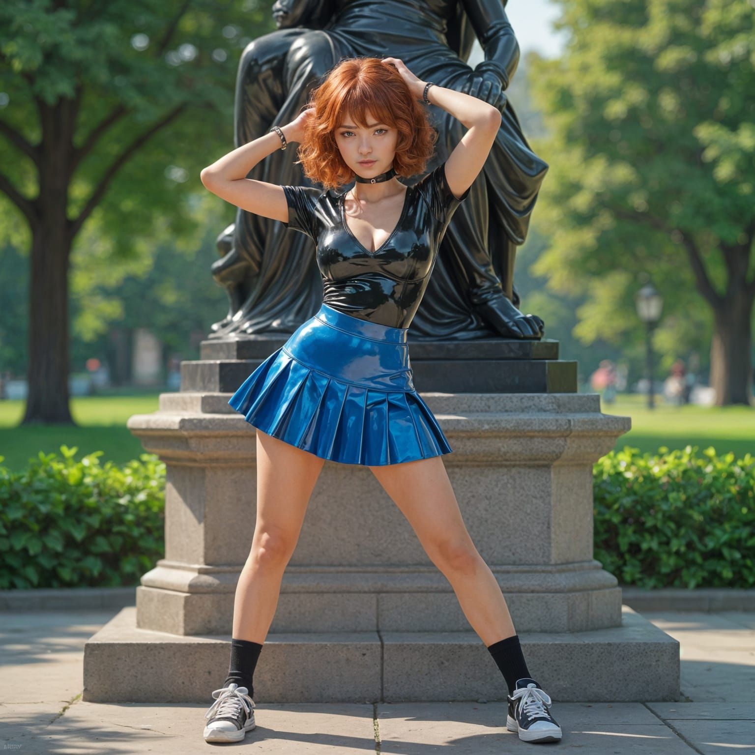 Anime Woman in Latex Outfit Posing in Park