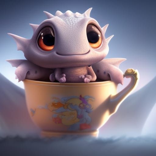 Adorable Baby Dragon in Teacup: 3D Digital Art