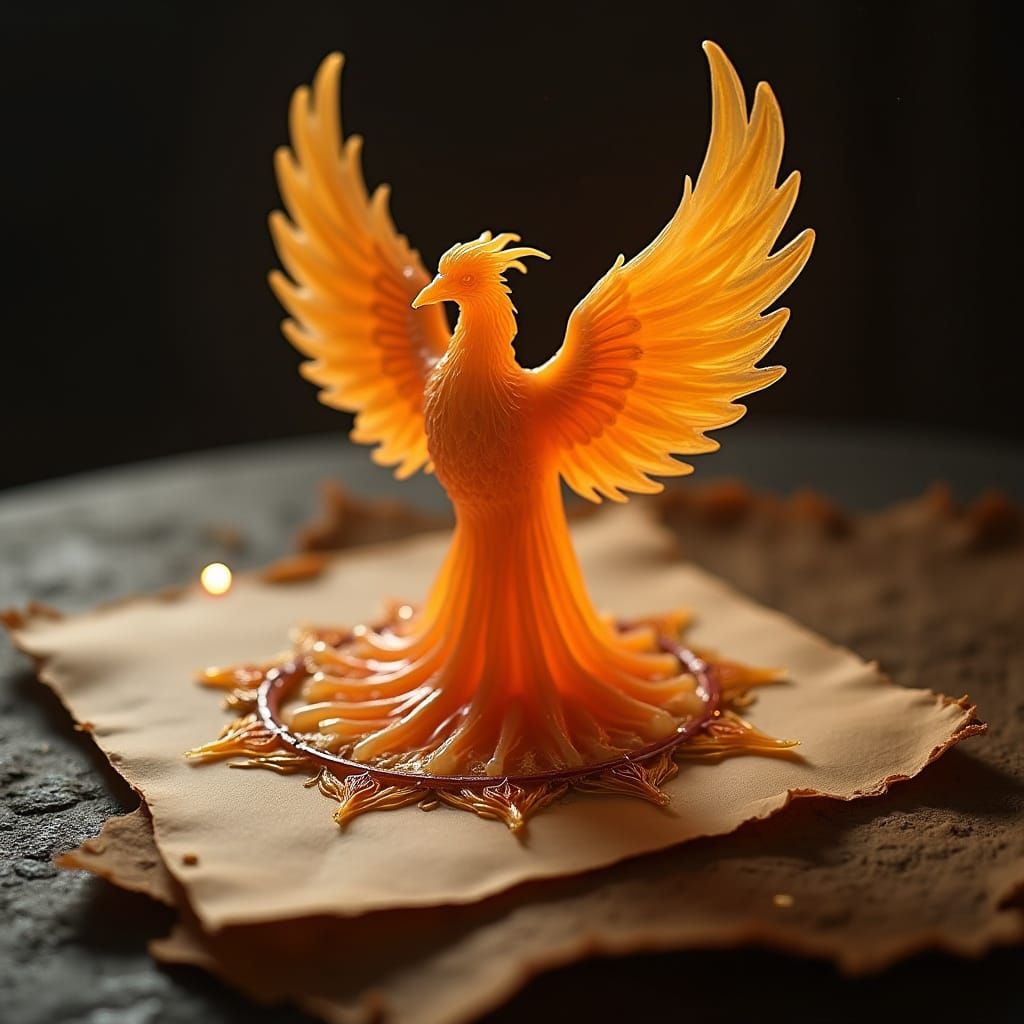 Phoenix Sculpted from Molten Wax on Ancient Parchment