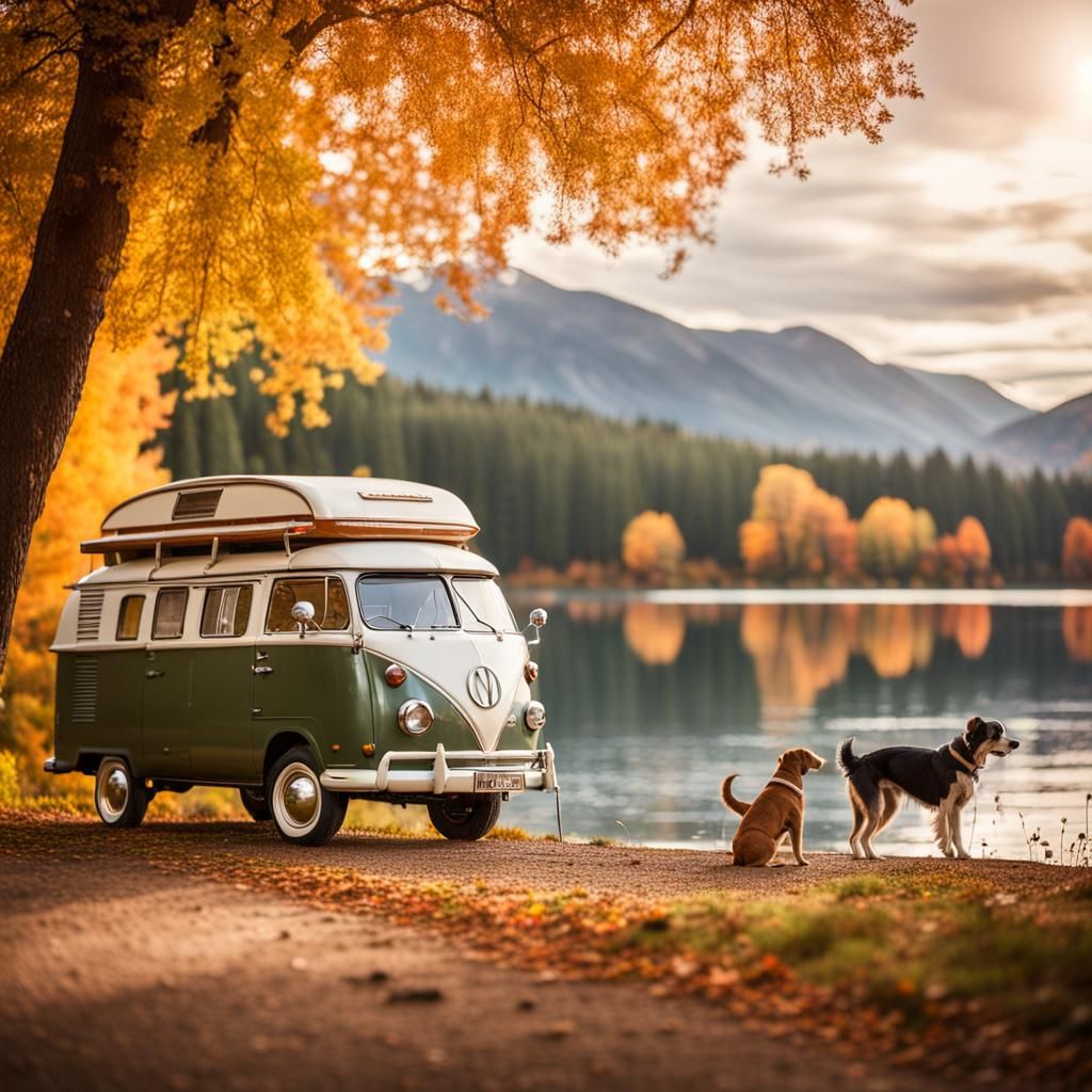 Autumn Lakeside Scene with Vintage Camper Van