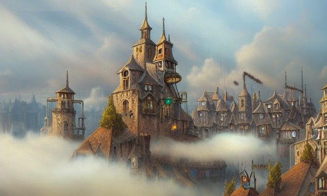 Medieval Steampunk Town Floating in Clouds