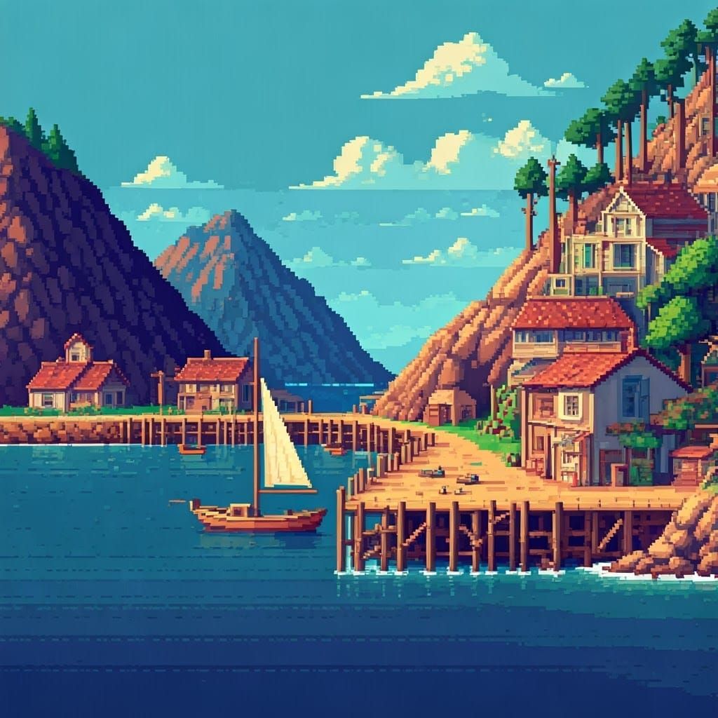 Charming Coastal Town in 8-Bit Pixel Art