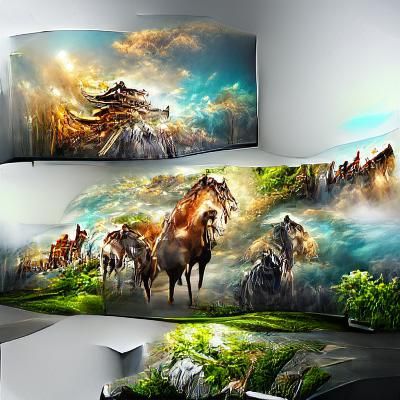 Seven Horses Panoramic Wall Painting in 3D