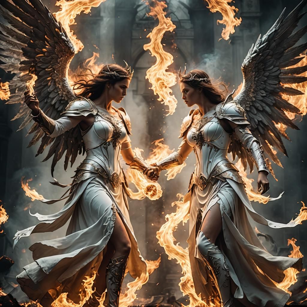 two half angel half human females basked in white light