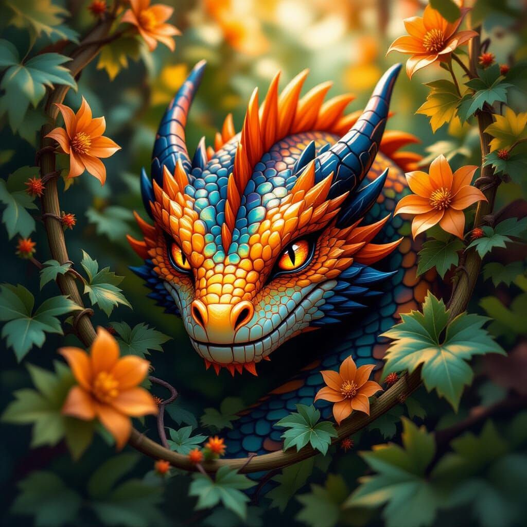Dragon's Eye Amidst Vibrant Pumpkin Vines