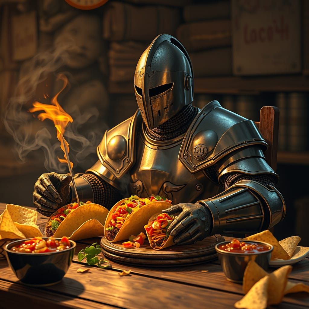 Knight in Armor Devours Tacos in Futuristic Feast