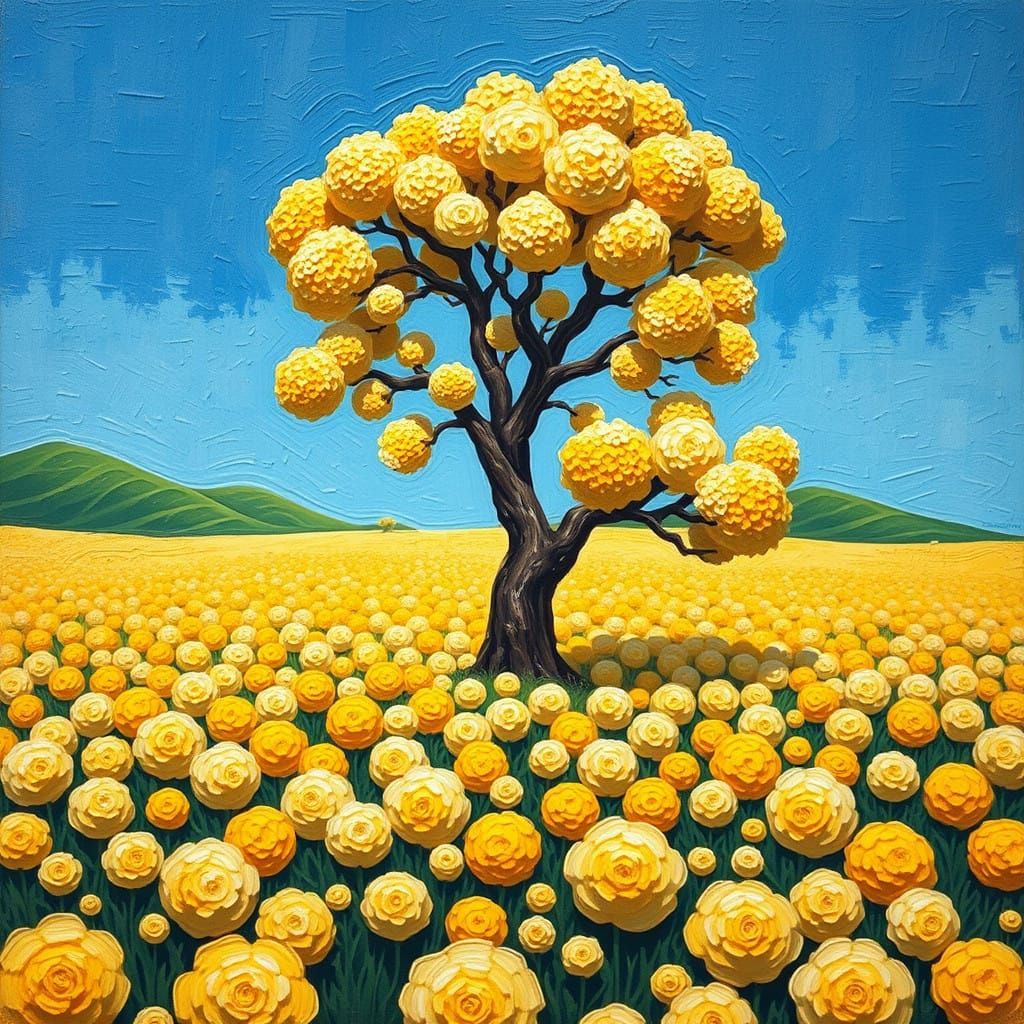 Impasto Tree Stands Tall in Vibrant Field with Yellow Blosso...