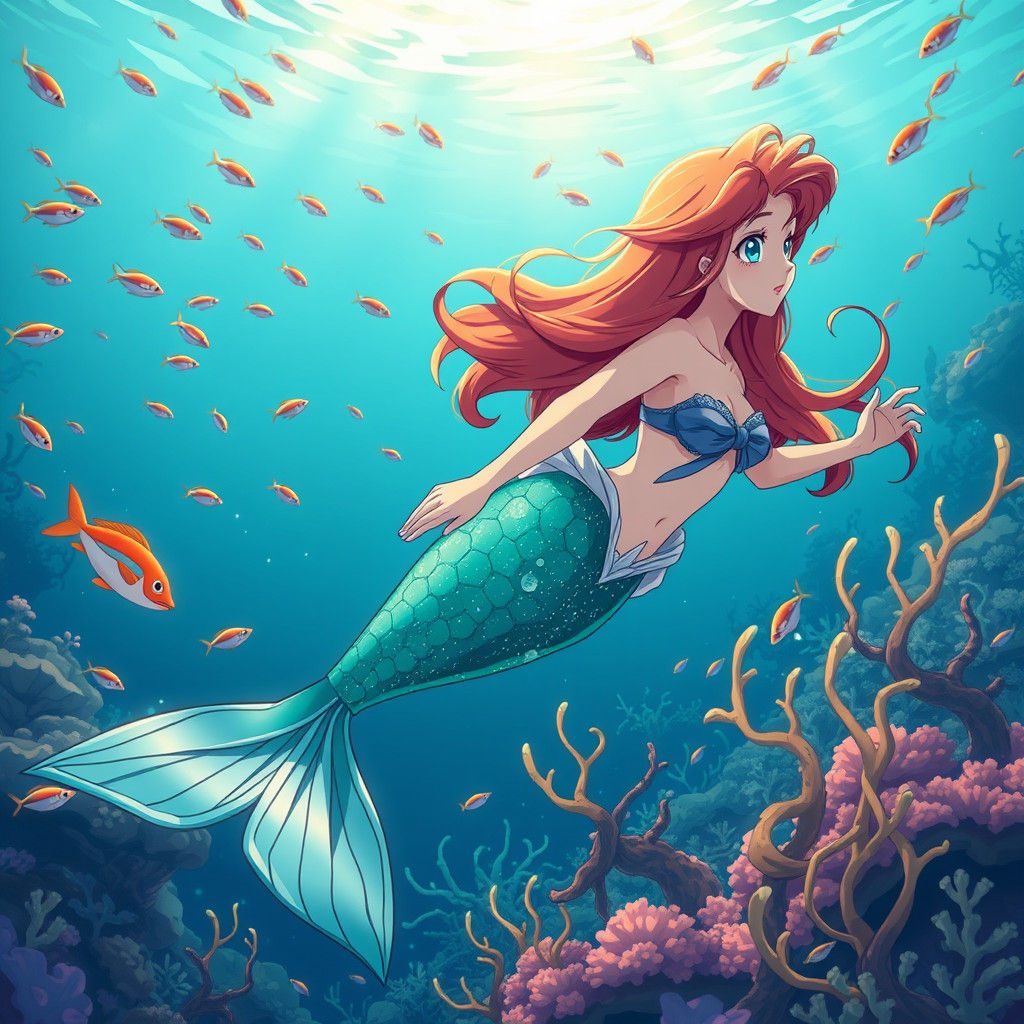 Ariel in Vibrant Underwater Anime Style