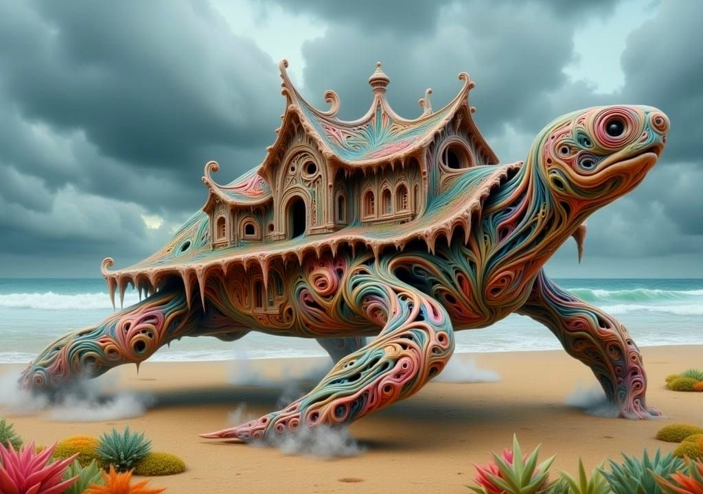 Surreal Sea Turtle with Wonky Architecture in Burton Style