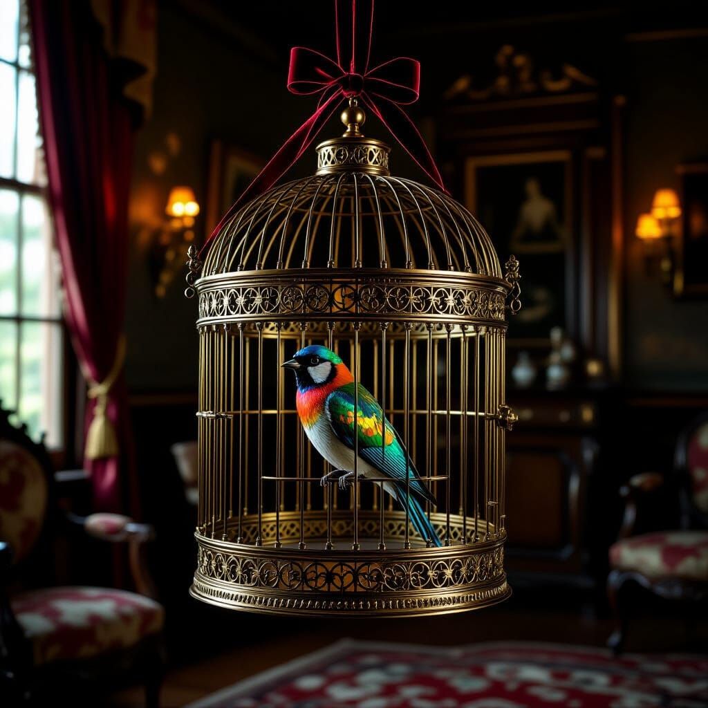 Antique Brass Birdcage in Victorian Parlor