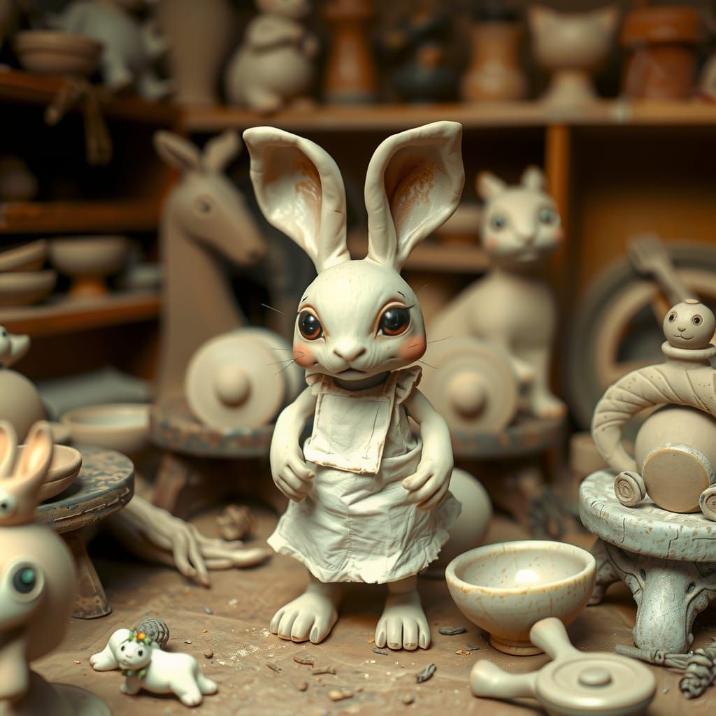 Animated Clay Rabbit in Artist's Workshop