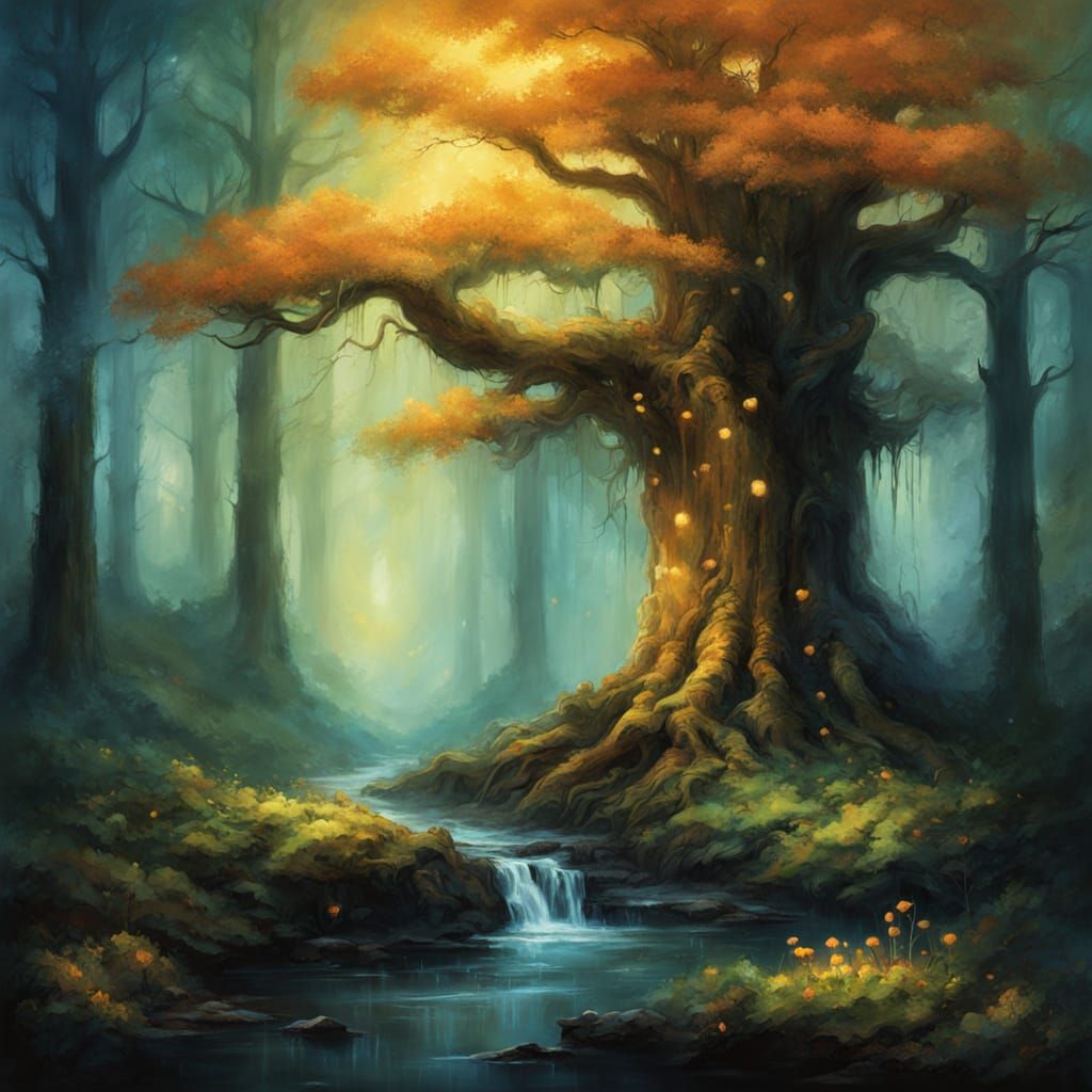 Ancient Tree in Enchanted Forest with Ruins