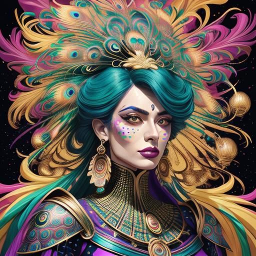 Surreal Pop Art Portrait: Woman with Peacock Hair