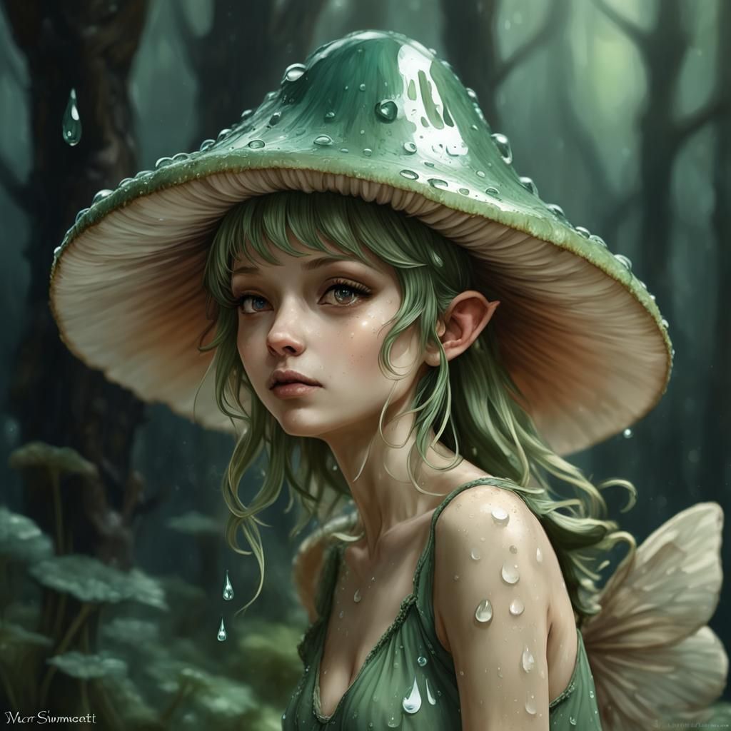 Mushroom Fairy with Water Droplets, Digital Art