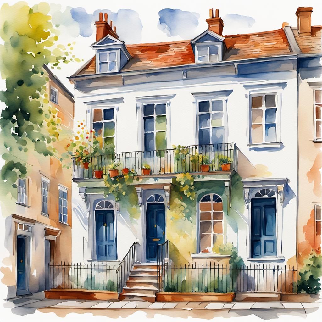 Georgian Townhouse Watercolor Clipart in Gouache Style