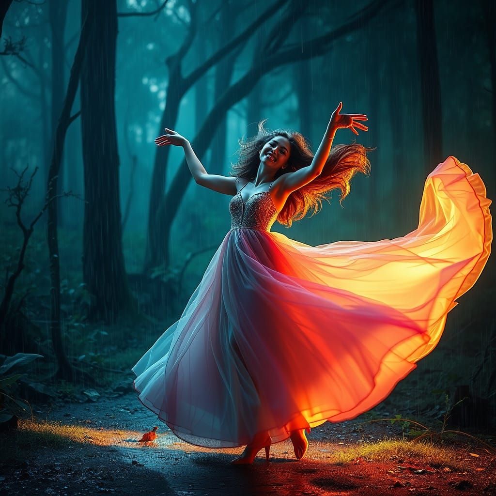 Joyful Whimsical Woman Dancing in a Rainy Mystic Forest