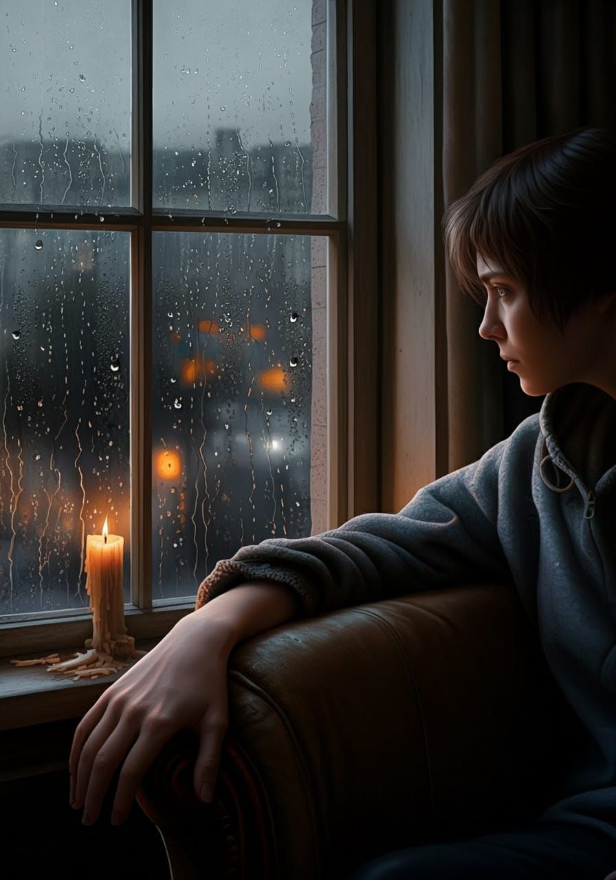 A Person Contemplates Rainy Days in a Cozy, Melancholic Scen...