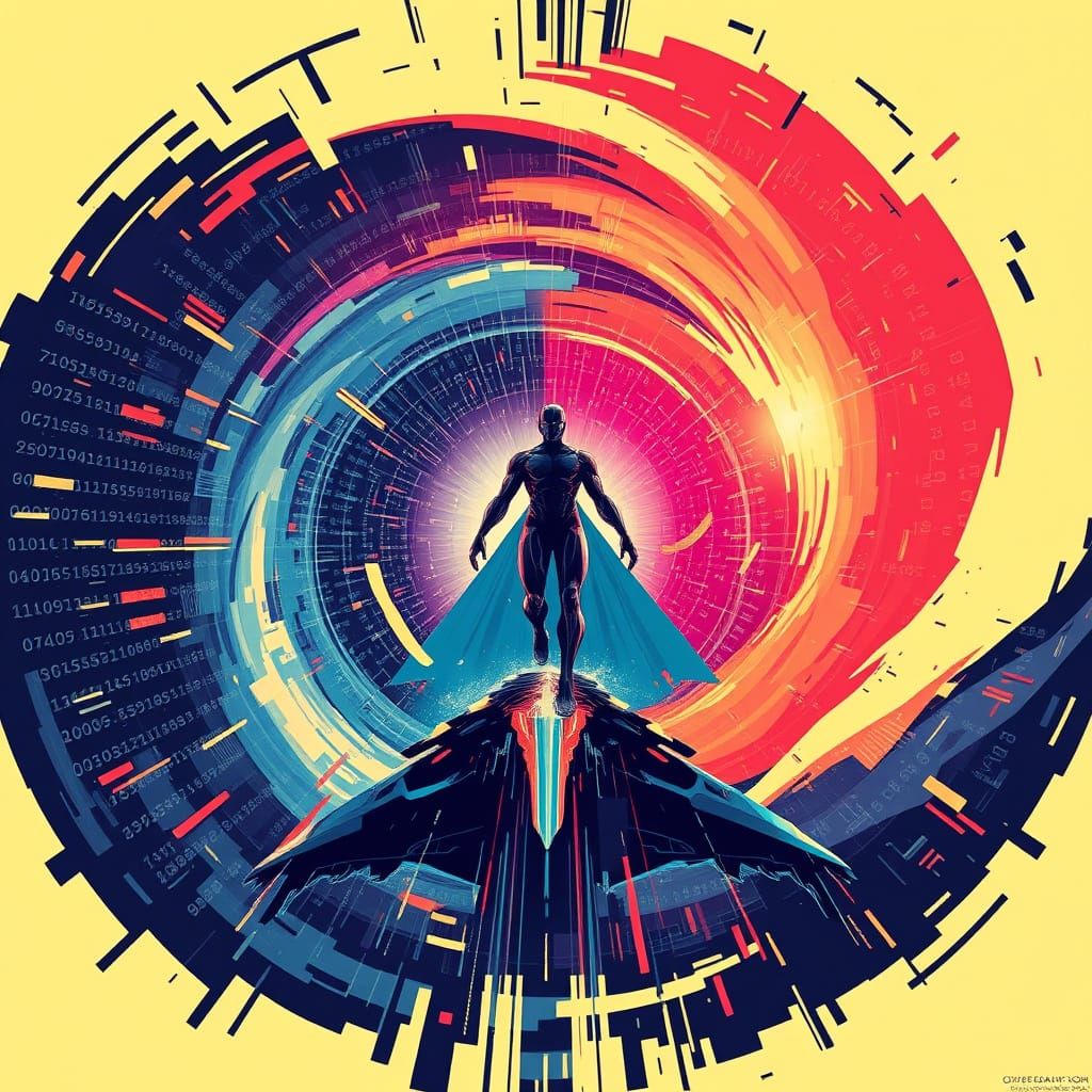 Futuristic Figure Emerges from Digital Vortex in Pop Art Sty...