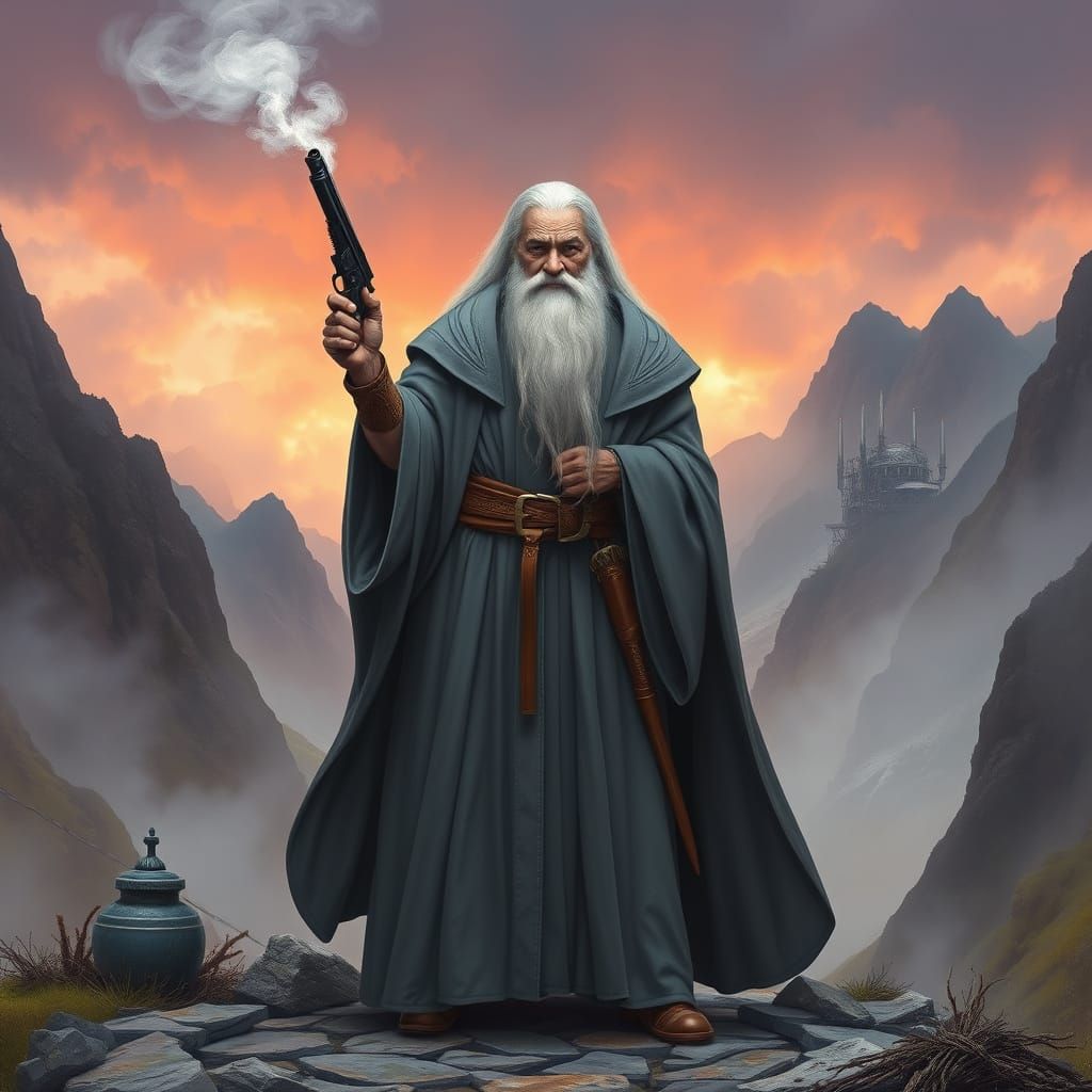 Gandalf with Revolver in Misty Mountains
