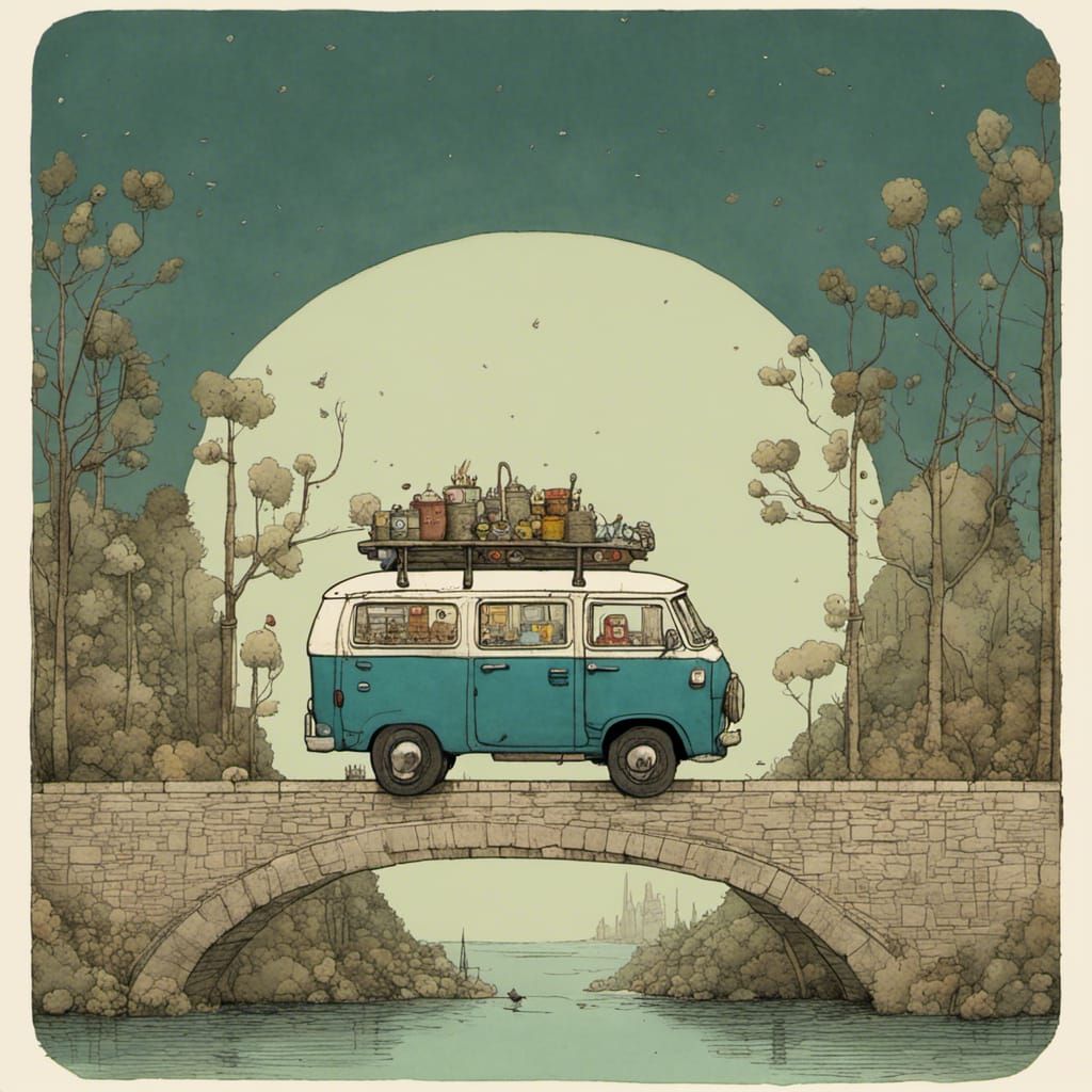 Whimsical Van on Bridge Illustration