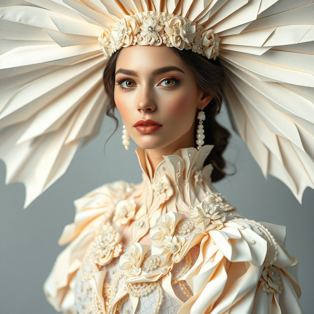 Majestic Woman in Origami Paper Gown, Ethereal Style