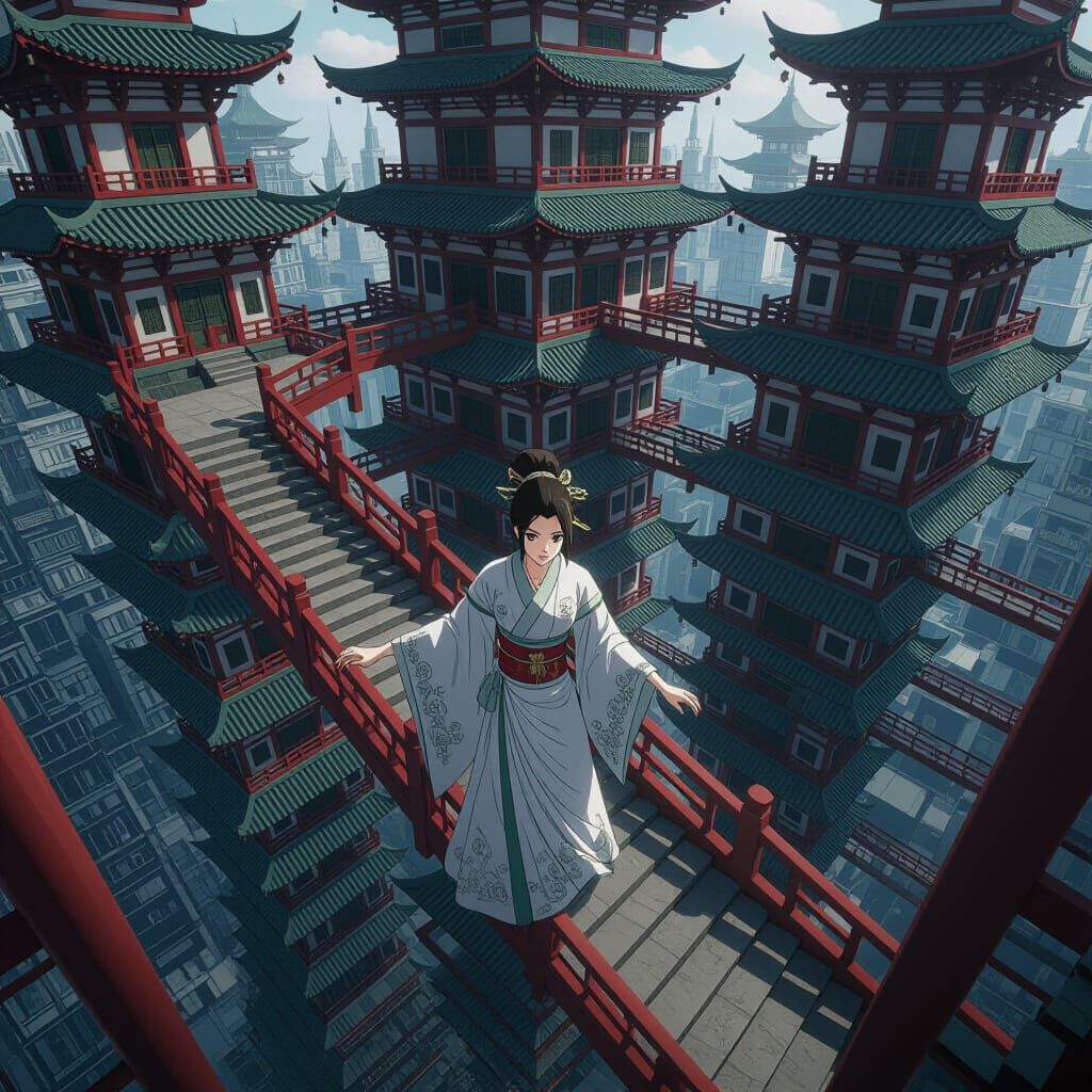 Anime Character Trapped in Escher-esque Oriental Tower
