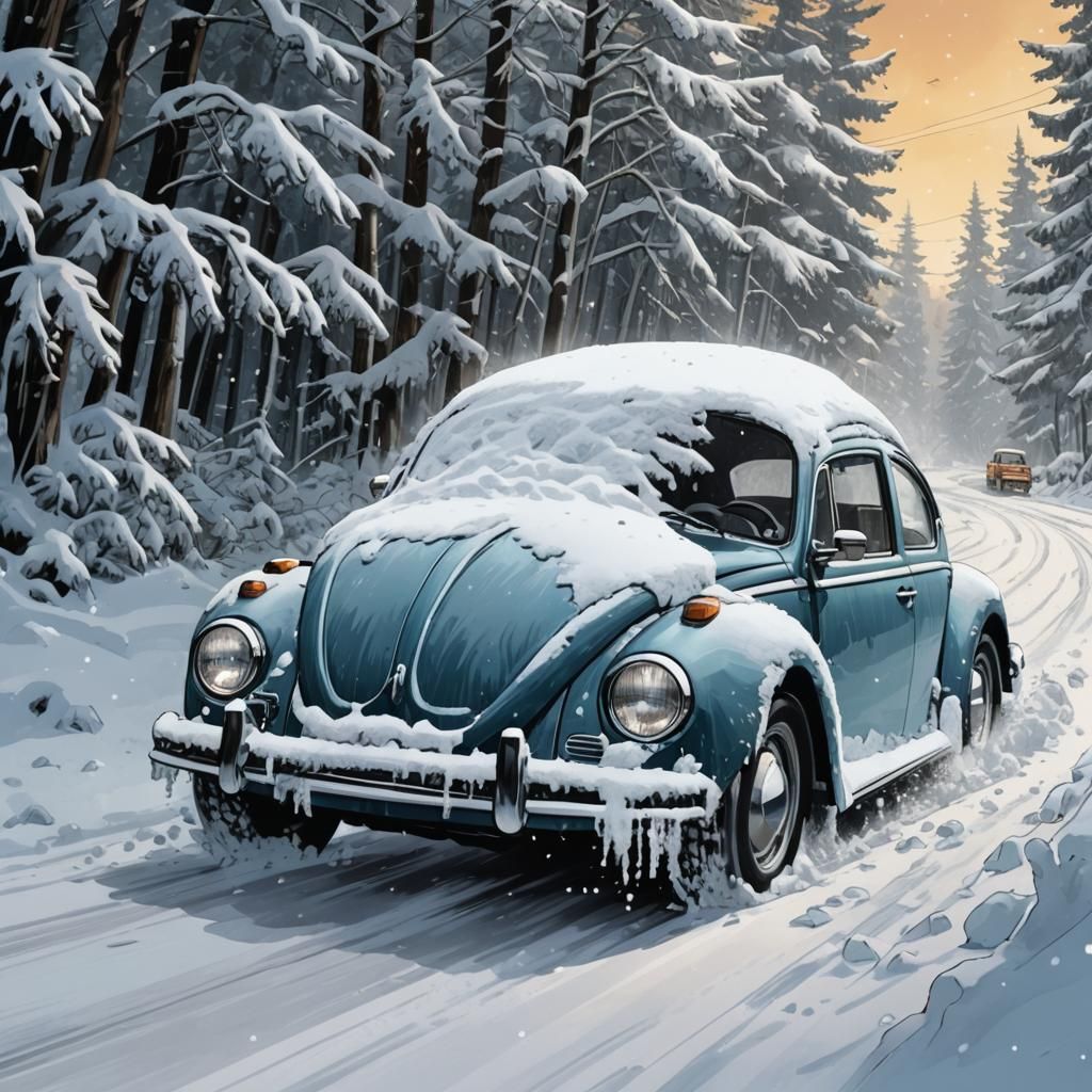 Siberian Beetle Drives Through Snowy Landscape in Vibrant Co...