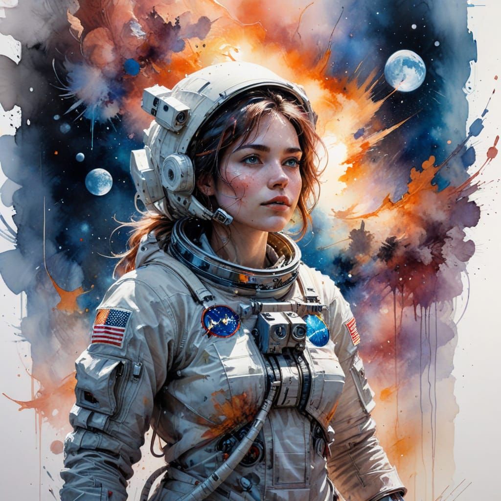 Surreal Woman Astronaut in Lunar Dawn, in Watercolour Style