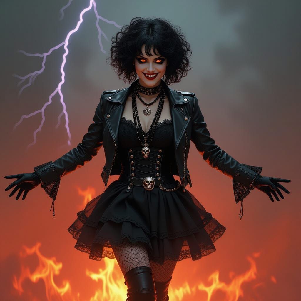 Gothic Woman with Fiery Backdrop in Dramatic Lighting