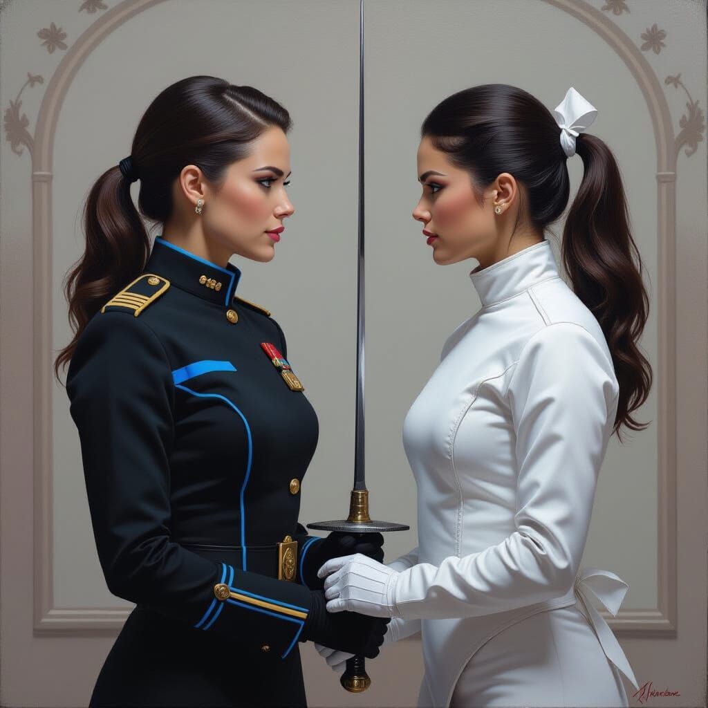 Starship Captain Fencing in Holosuite: Oil Painting